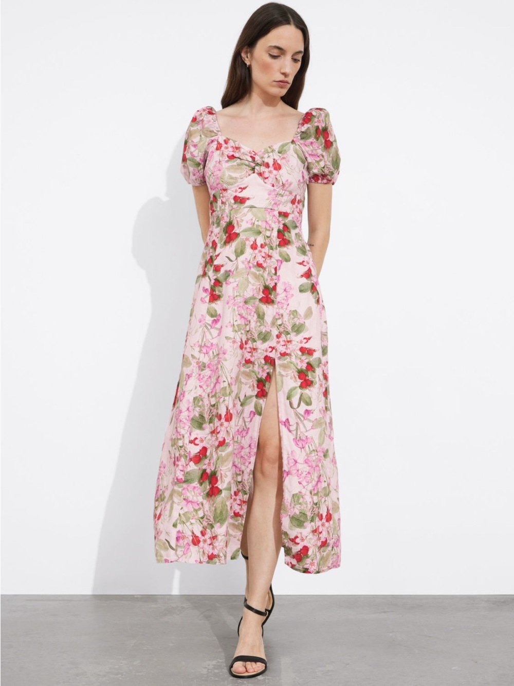 & Other Stories Pink Floral Puff-Sleeve Maxi Dress
